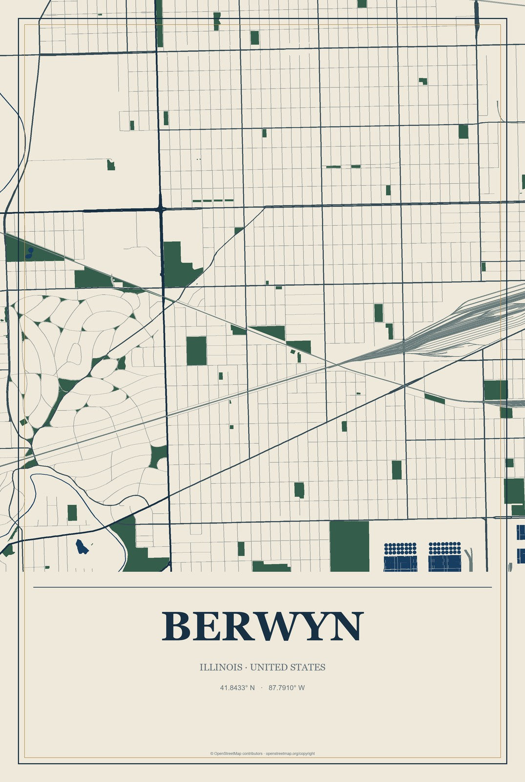 Berwyn, Illinois City Map Aluminum Sign in Coastal Cutout style