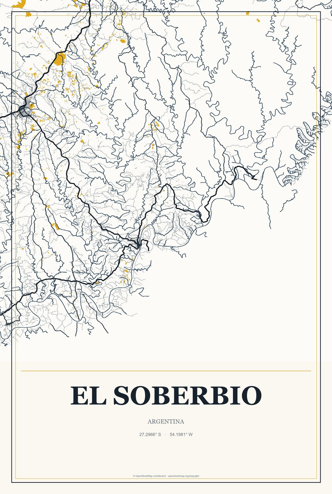El Soberbio, Argentina City Map Aluminum Sign in Citrine Modern style