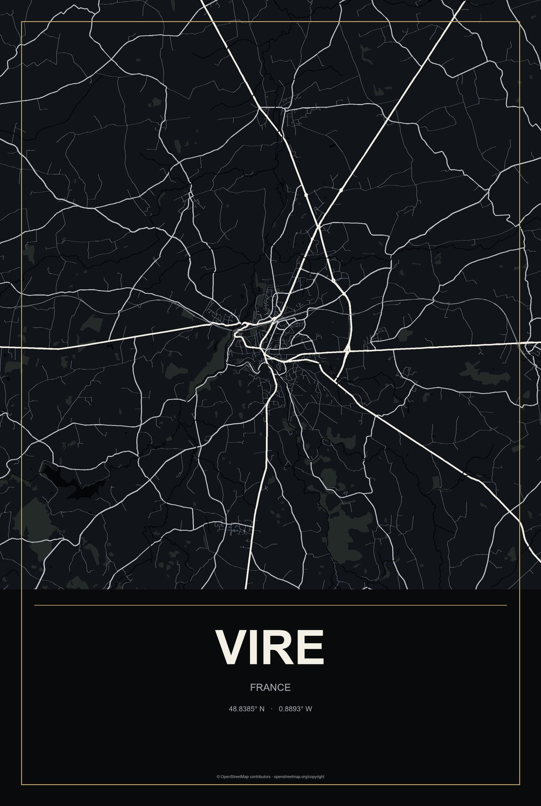 Vire, France City Map Aluminum Sign in Metropolitan Noir style