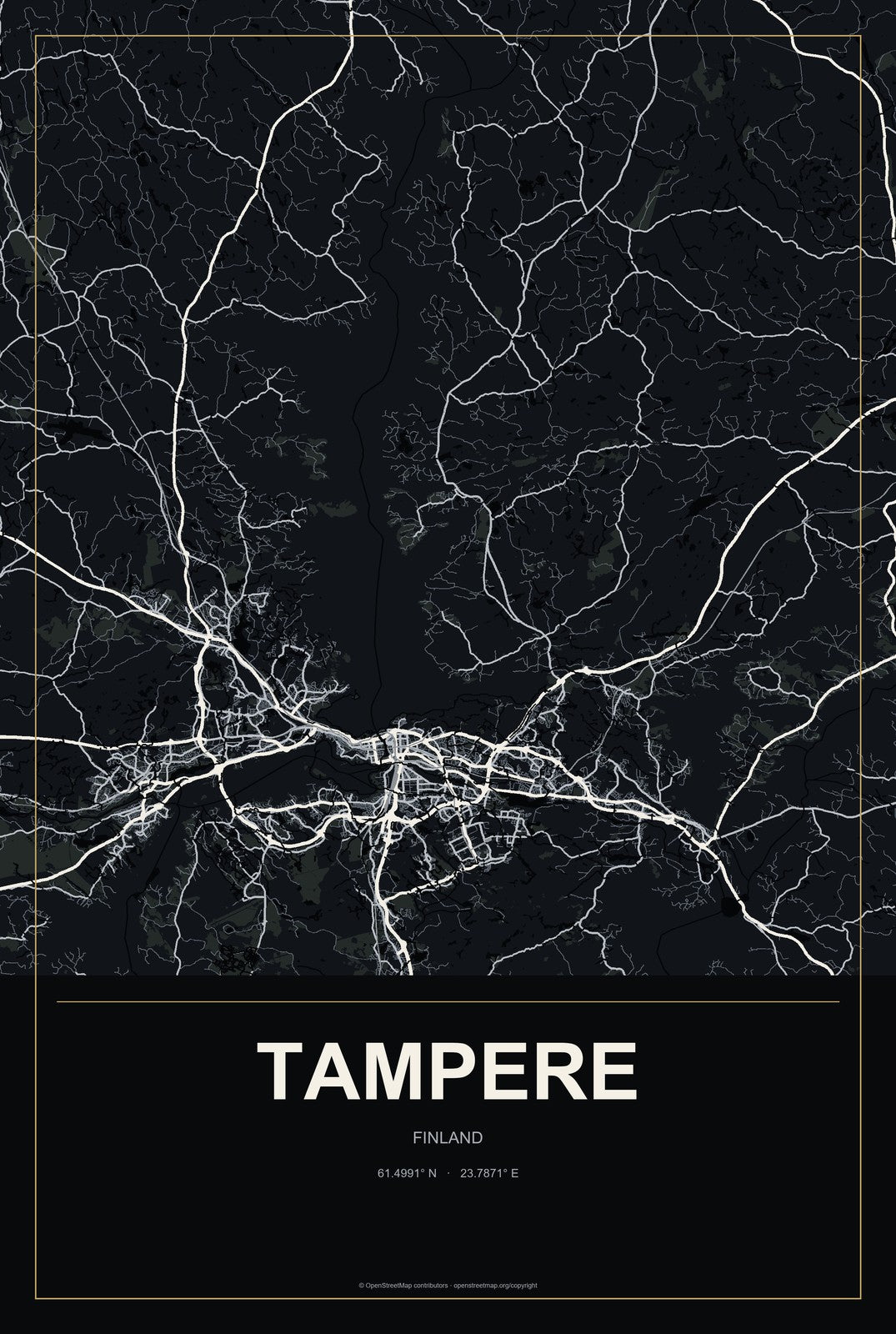 Tampere, Finland City Map Aluminum Sign in Metropolitan Noir style