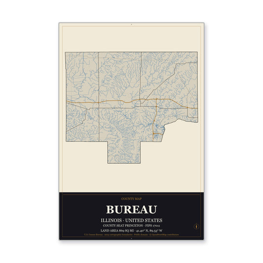 Bureau County, Illinois Map Aluminum Sign in Museum Plaque style