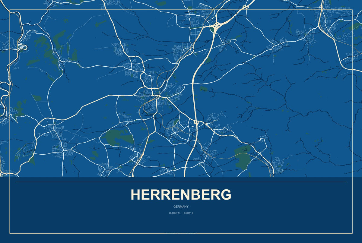 Herrenberg, Germany City Map Aluminum Sign in Harbor Cobalt style