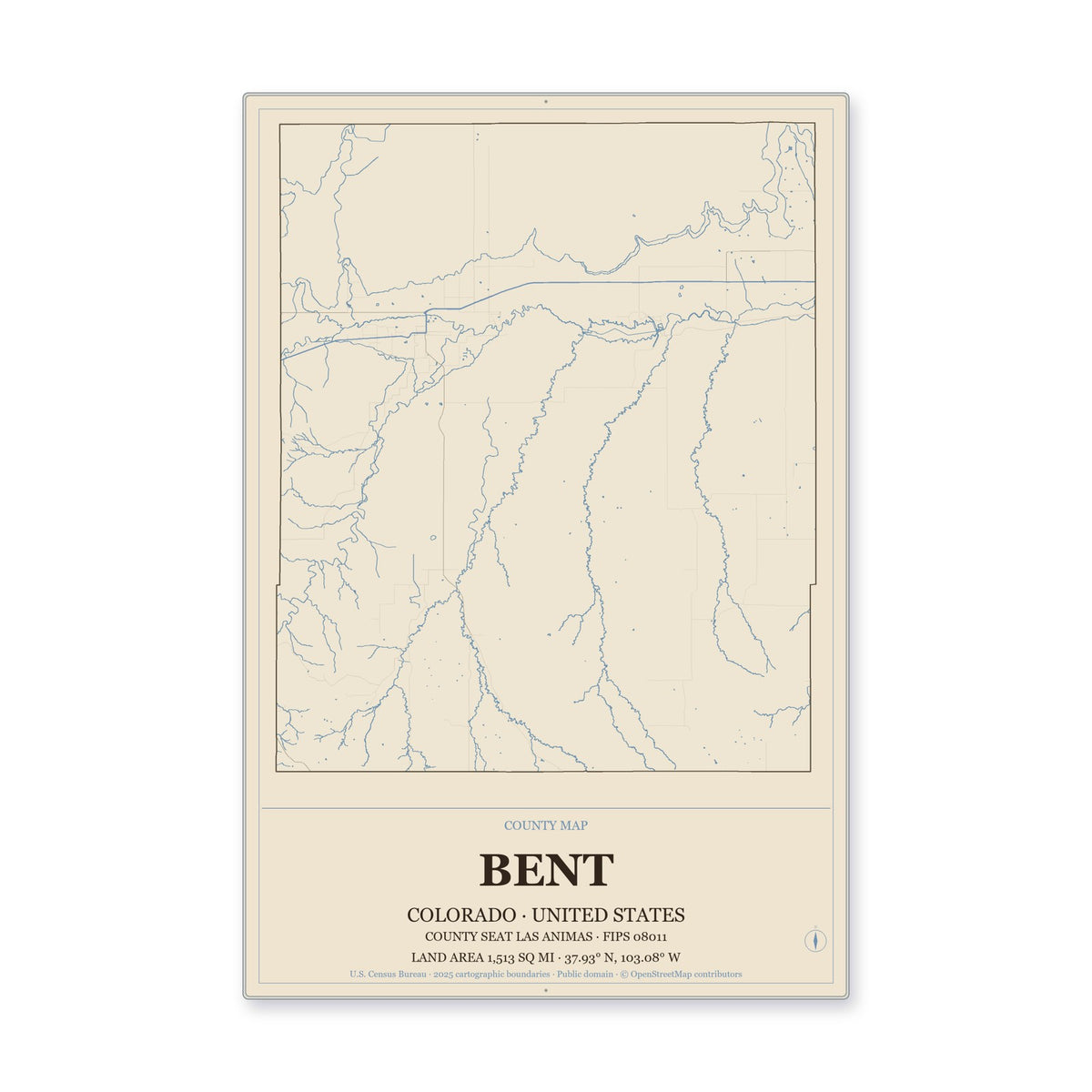 Bent County, Colorado Map Aluminum Sign in Heritage Nautical style