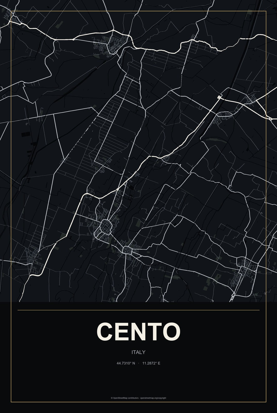 Cento, Italy City Map Aluminum Sign in Metropolitan Noir style