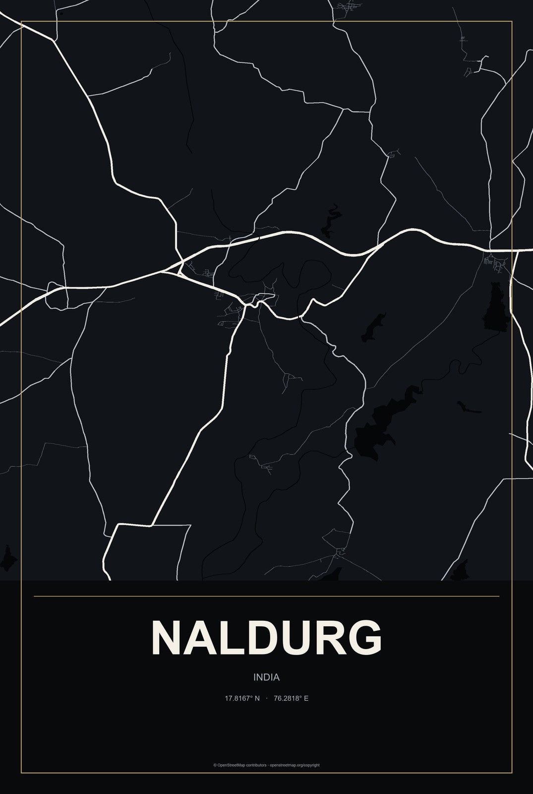 Naldurg, India City Map Aluminum Sign in Metropolitan Noir style