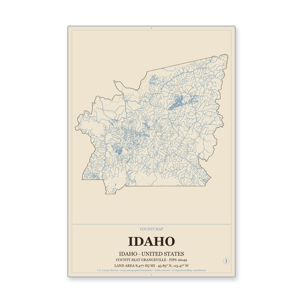Idaho County, Idaho Map Aluminum Sign in Heritage Nautical style
