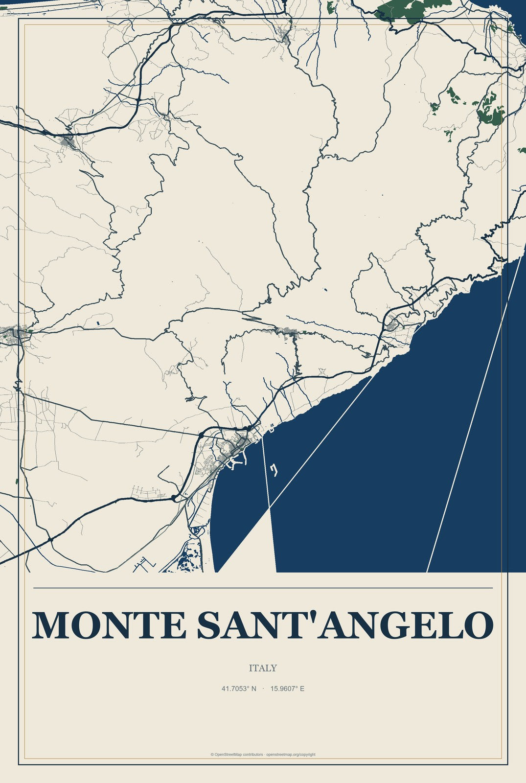 Monte Sant'Angelo, Italy City Map Aluminum Sign in Coastal Cutout style
