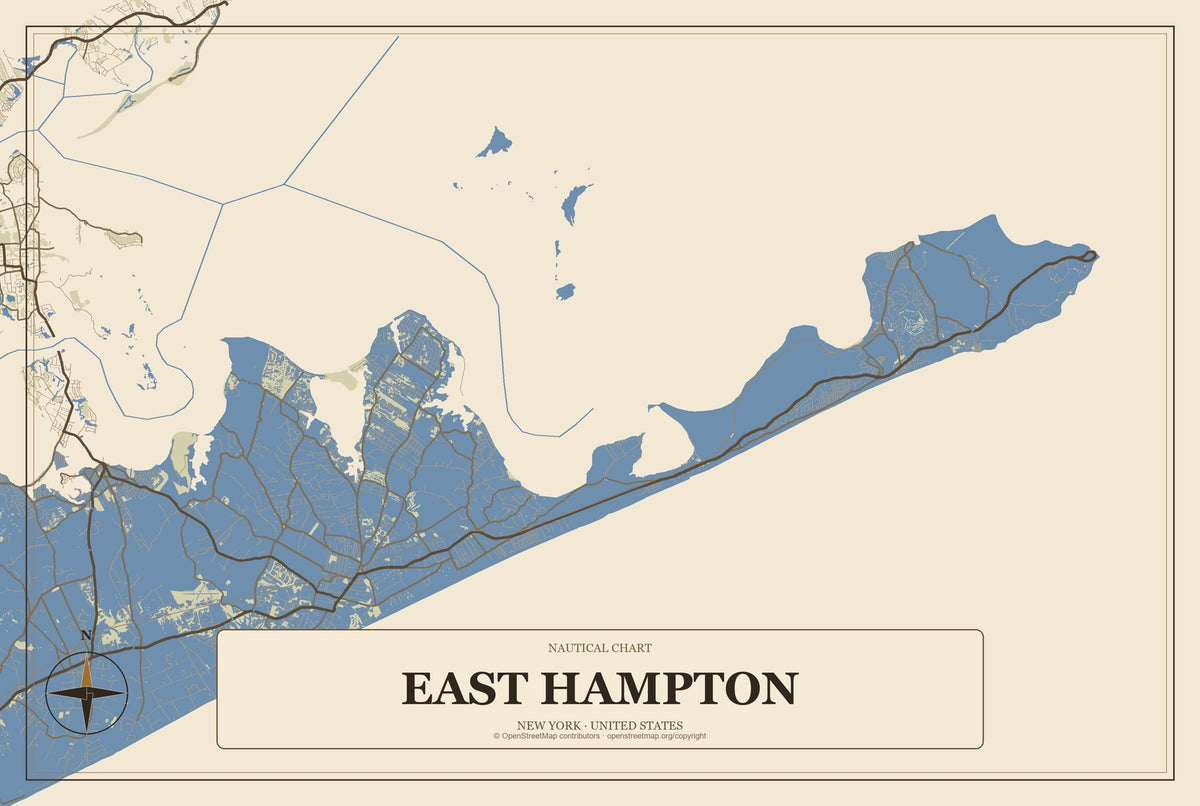 East Hampton, New York City Map Aluminum Sign in Heritage Nautical style