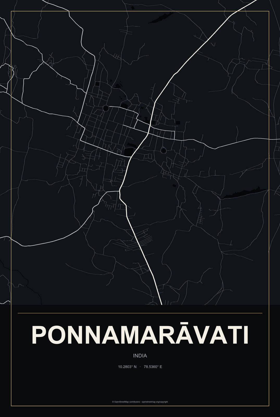 Ponnamarāvati, India City Map Aluminum Sign in Metropolitan Noir style