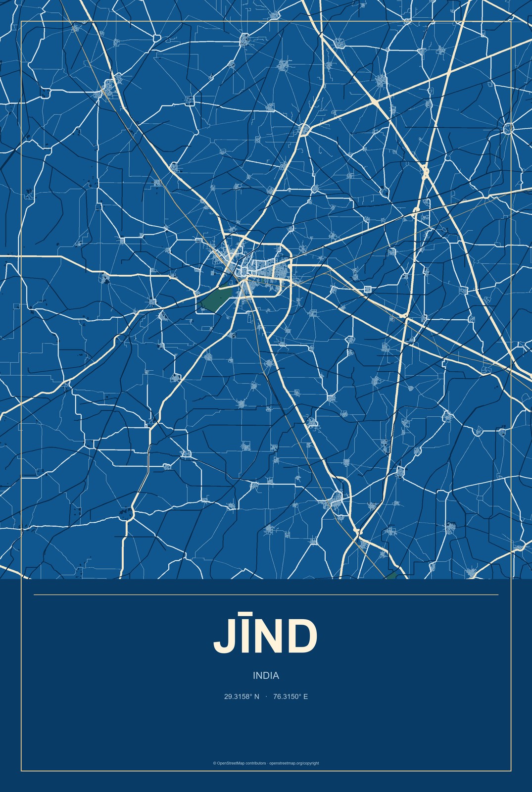 Jīnd, India City Map Aluminum Sign in Harbor Cobalt style