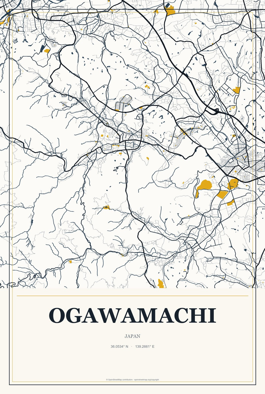 Ogawamachi, Japan City Map Aluminum Sign in Citrine Modern style