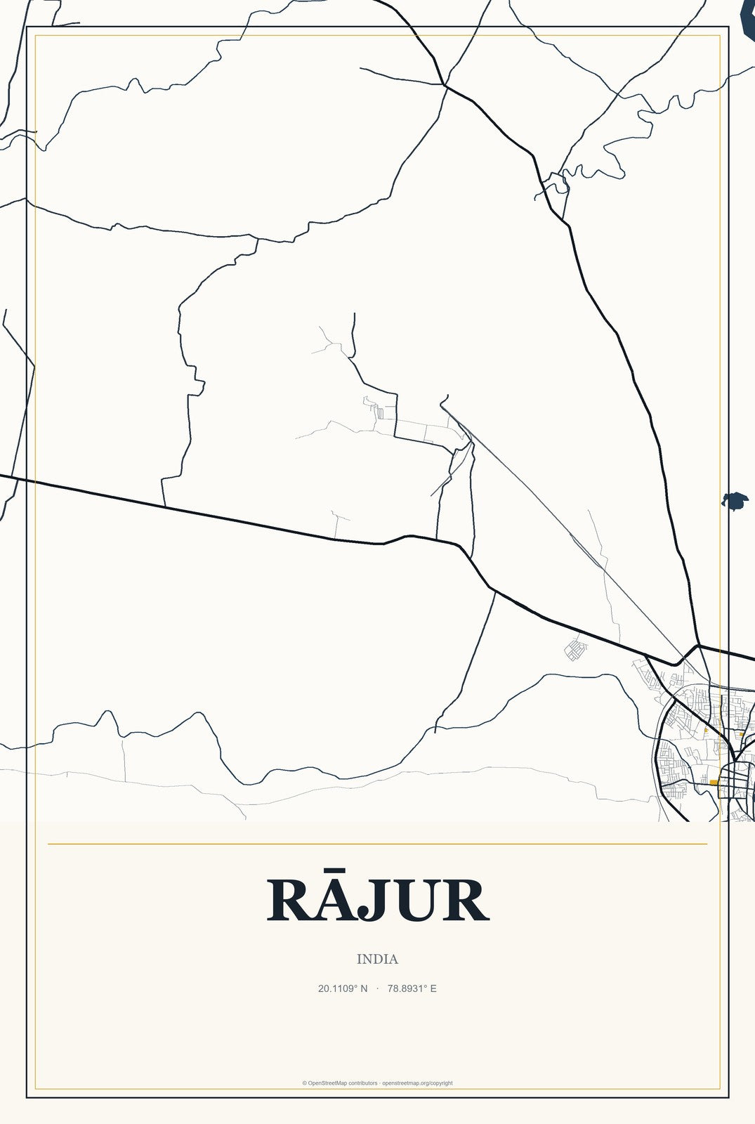 Rājur, India City Map Aluminum Sign in Citrine Modern style