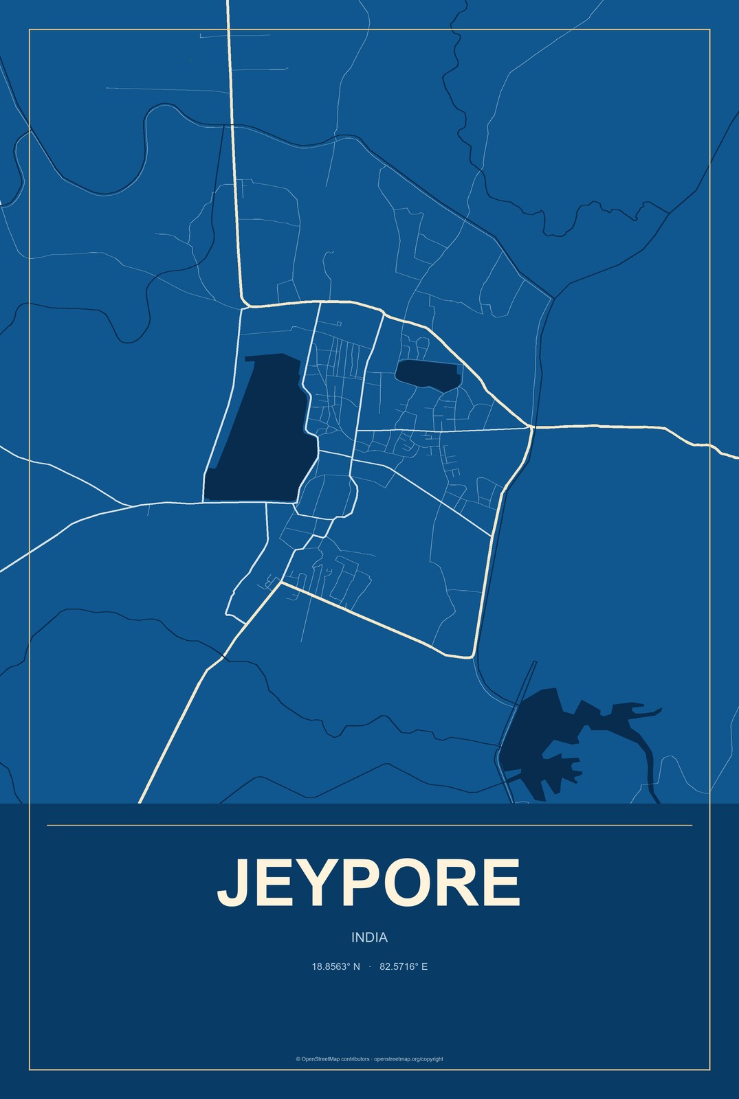 Jeypore, India City Map Aluminum Sign in Harbor Cobalt style