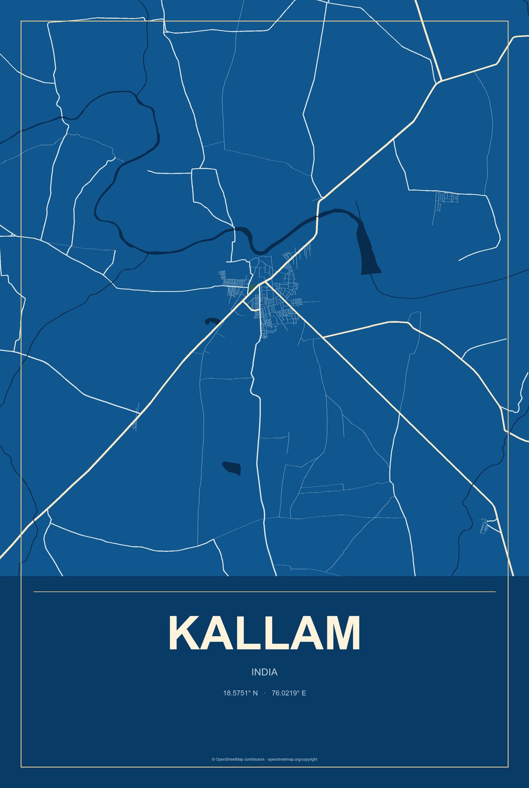 Kallam, India City Map Aluminum Sign in Harbor Cobalt style