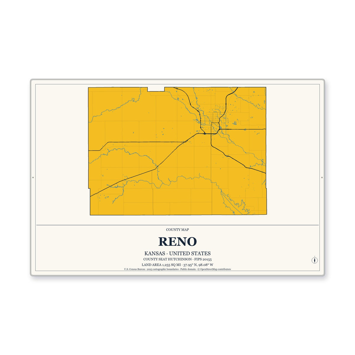 Reno County, Kansas Map Aluminum Sign in Citrine Modern style
