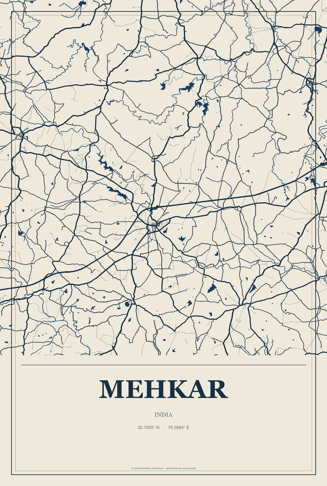Mehkar, India City Map Aluminum Sign in Coastal Cutout style