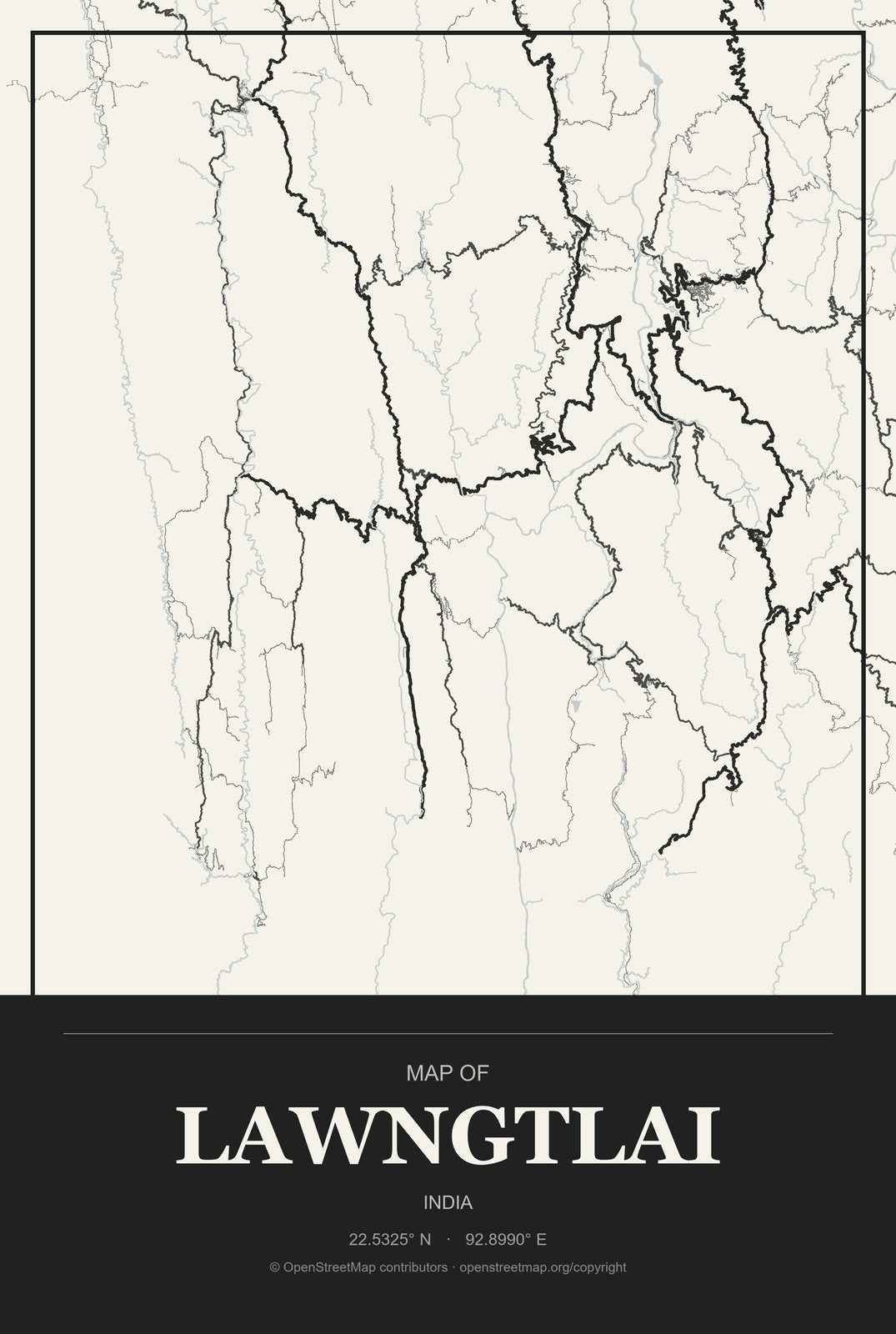 Lawngtlai, India City Map Aluminum Sign in Museum Plaque style