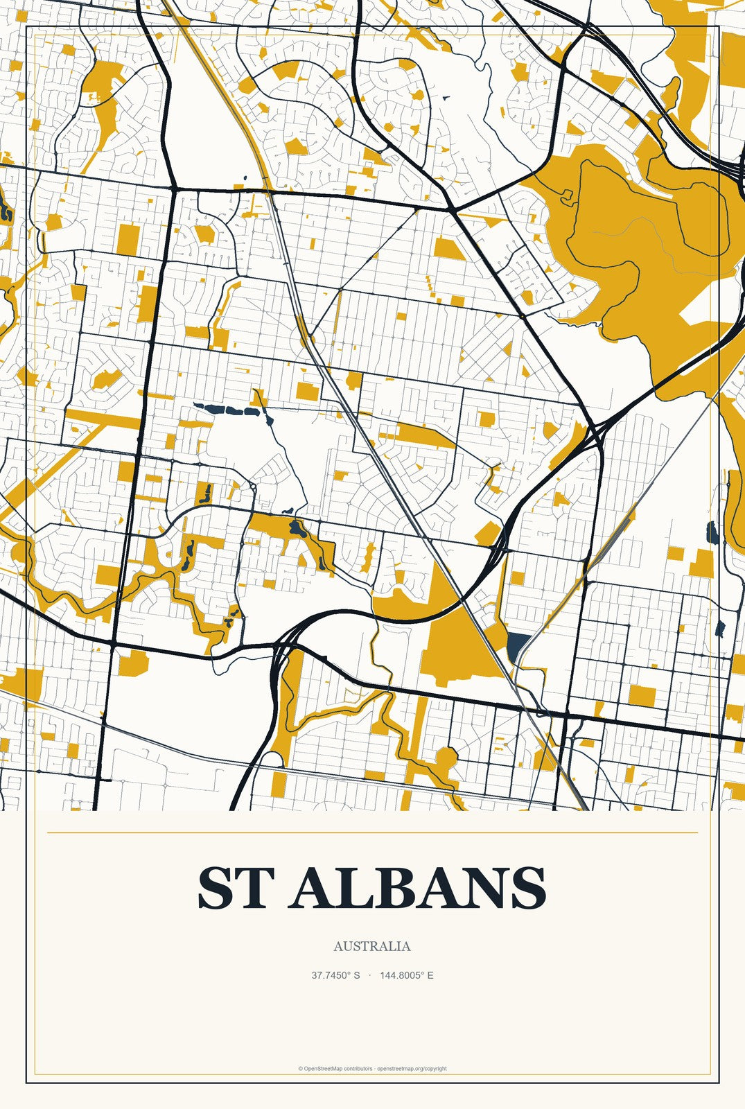 St Albans, Australia City Map Aluminum Sign in Citrine Modern style