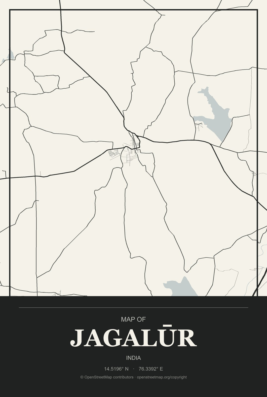 Jagalūr, India City Map Aluminum Sign in Museum Plaque style