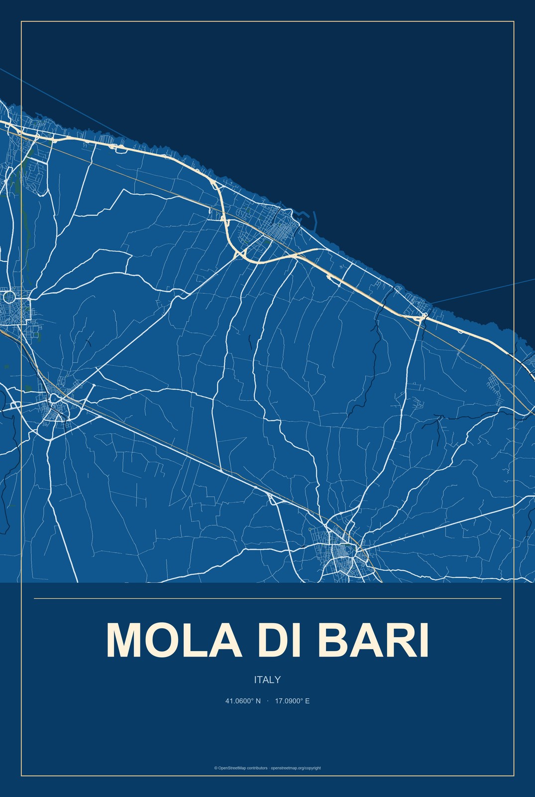Mola di Bari, Italy City Map Aluminum Sign in Harbor Cobalt style