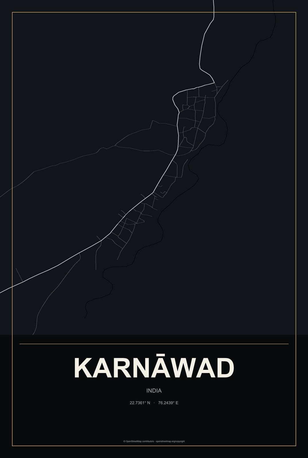 Karnāwad, India City Map Aluminum Sign in Metropolitan Noir style