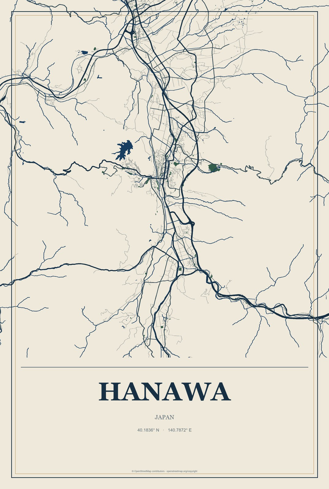 Hanawa, Japan City Map Aluminum Sign in Coastal Cutout style