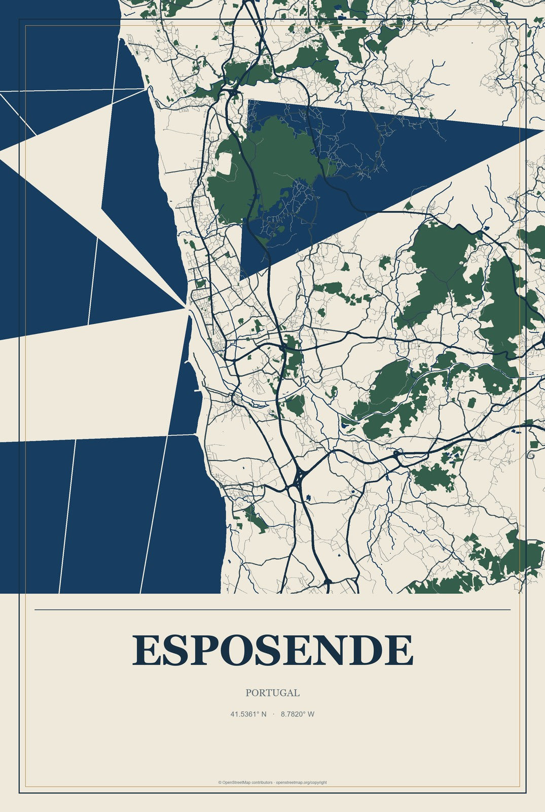 Esposende, Portugal City Map Aluminum Sign in Coastal Cutout style