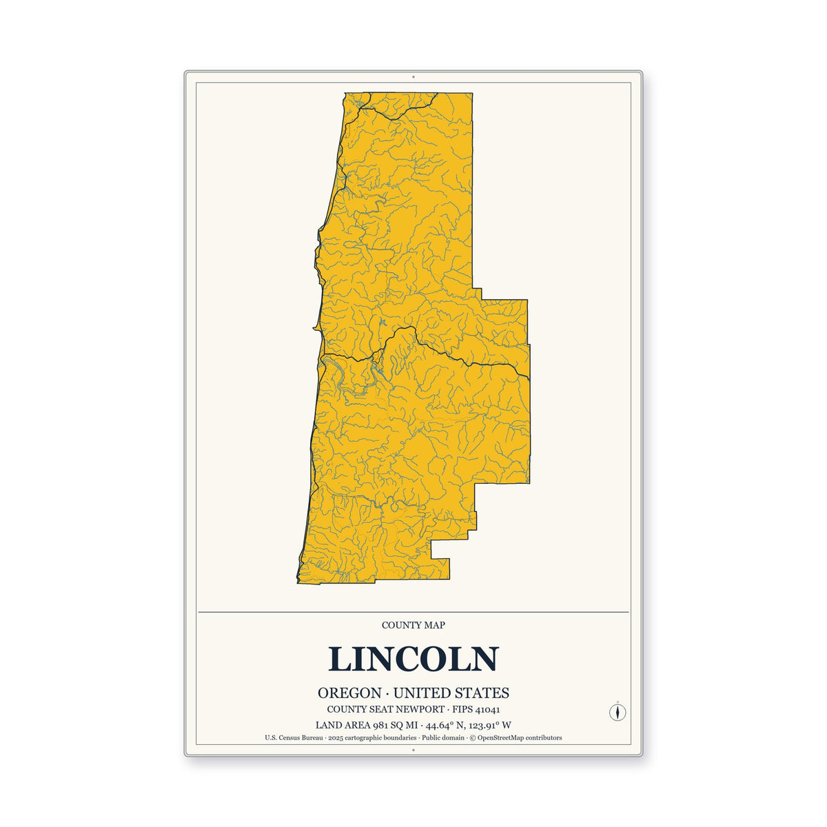 Lincoln County, Oregon Map Aluminum Sign in Citrine Modern style