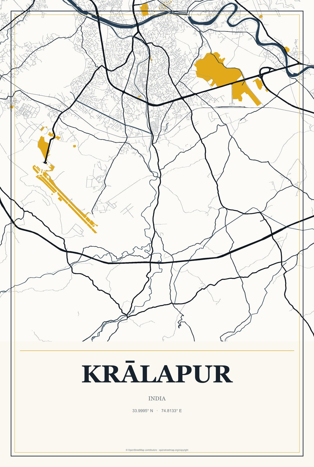 Krālapur, India City Map Aluminum Sign in Citrine Modern style