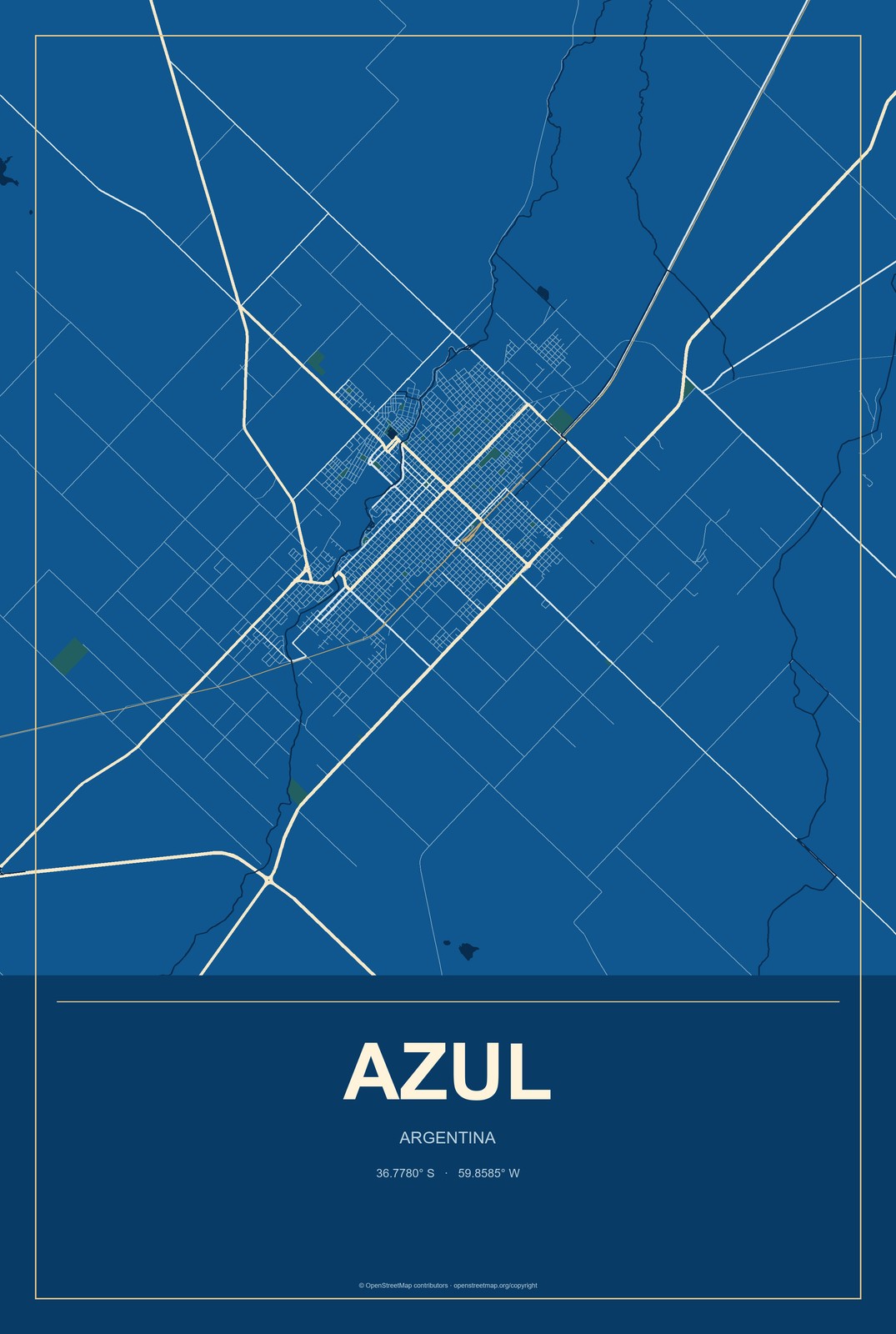 Azul, Argentina City Map Aluminum Sign in Harbor Cobalt style