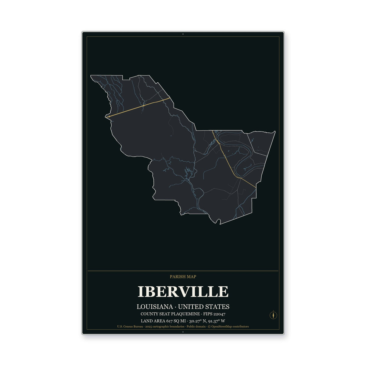 Iberville Parish, Louisiana Map Aluminum Sign in Metropolitan Noir style