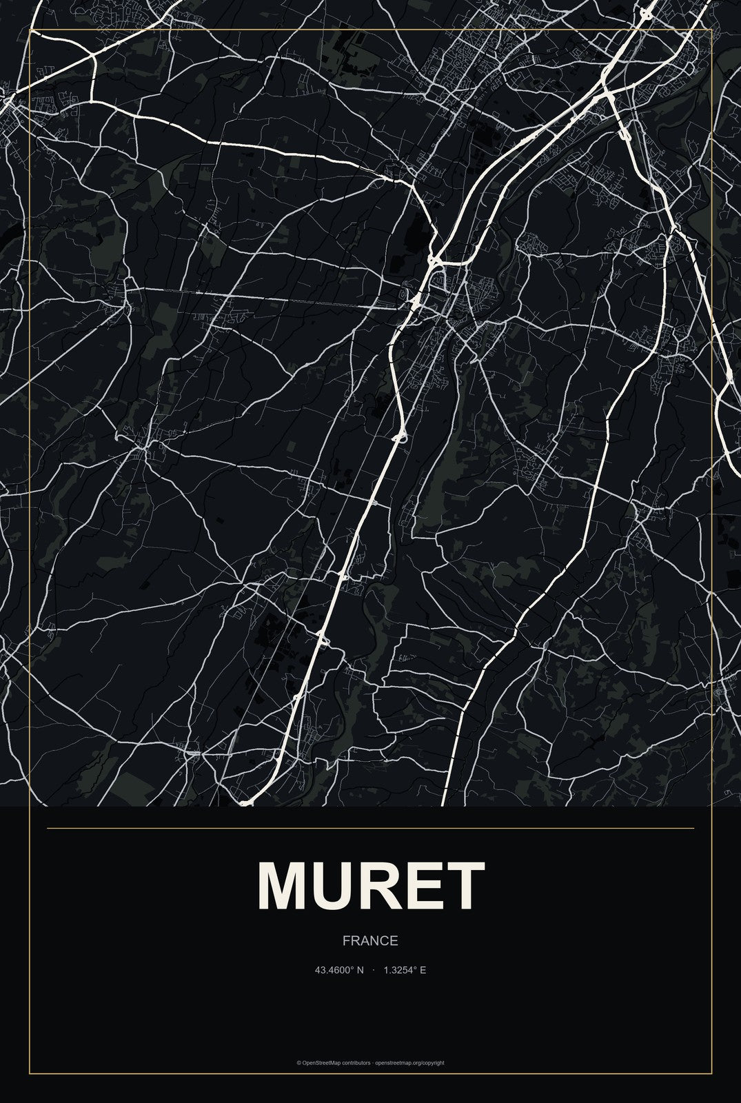 Muret, France City Map Aluminum Sign in Metropolitan Noir style