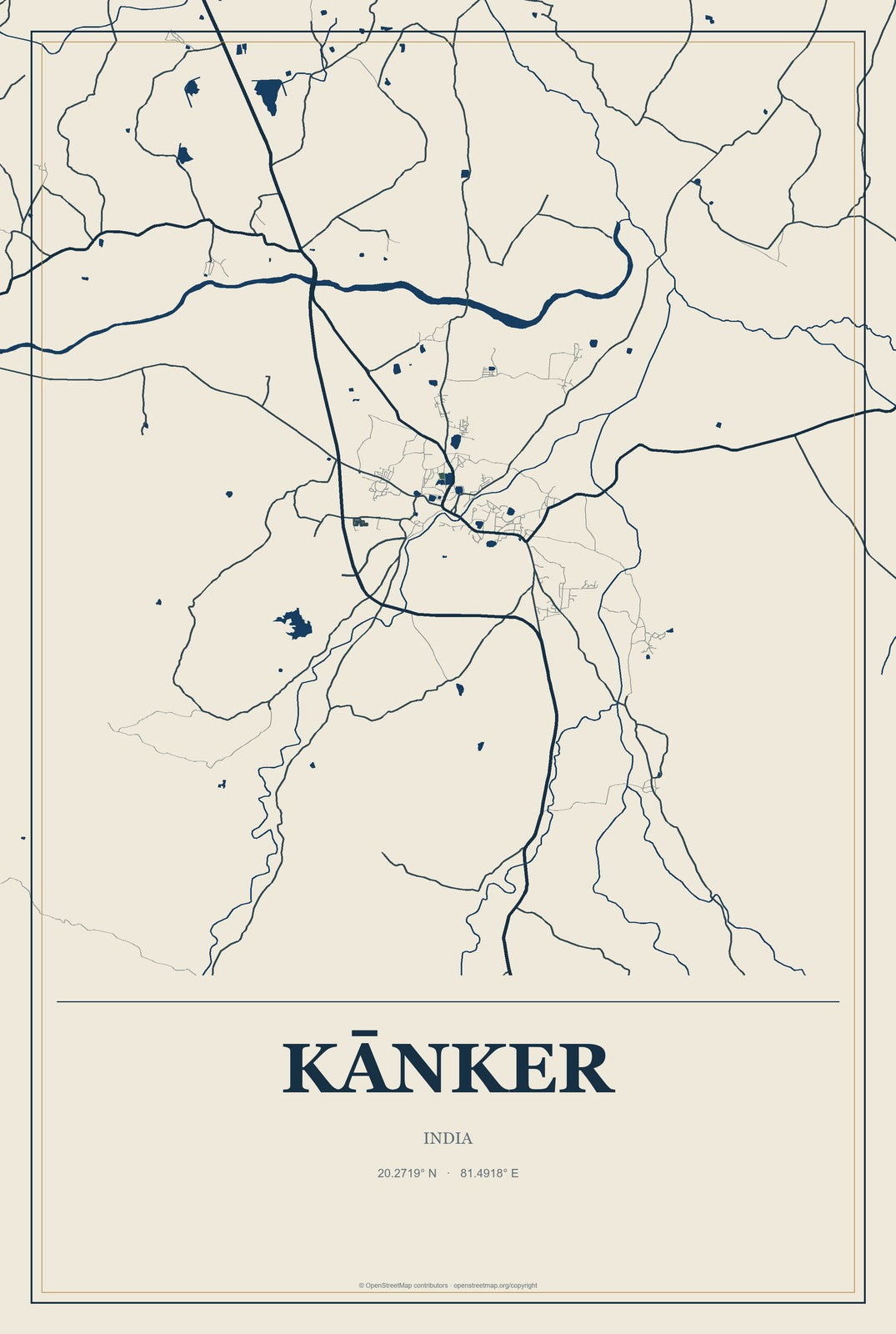 Kānker, India City Map Aluminum Sign in Coastal Cutout style