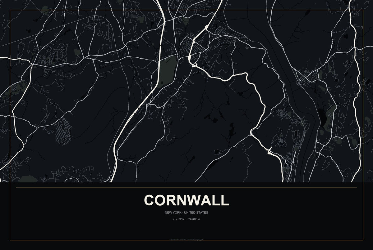Cornwall, New York City Map Aluminum Sign in Metropolitan Noir style