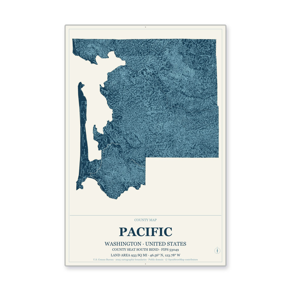 Pacific County, Washington Map Aluminum Sign in Coastal Cutout style