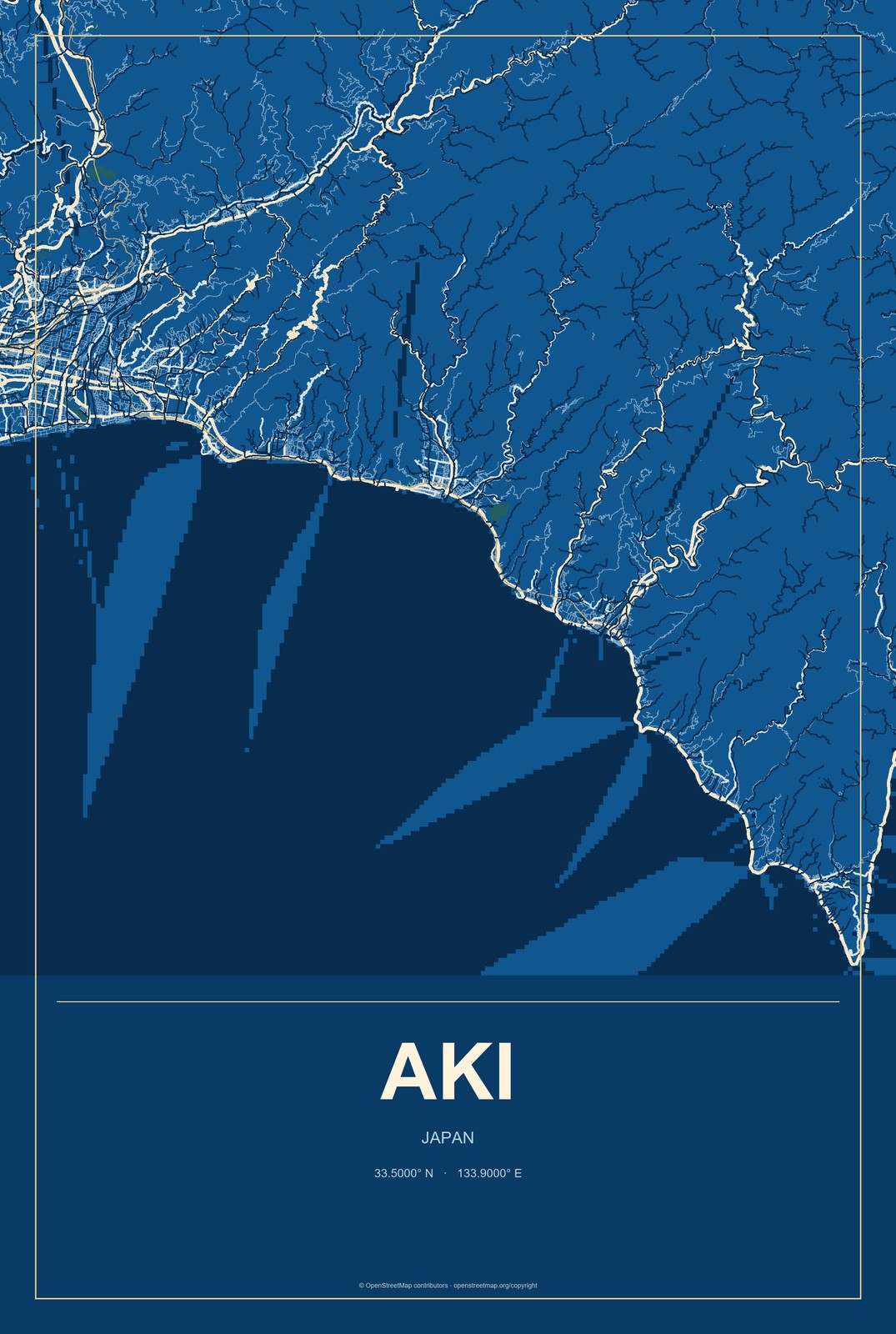 Aki, Japan City Map Aluminum Sign in Harbor Cobalt style