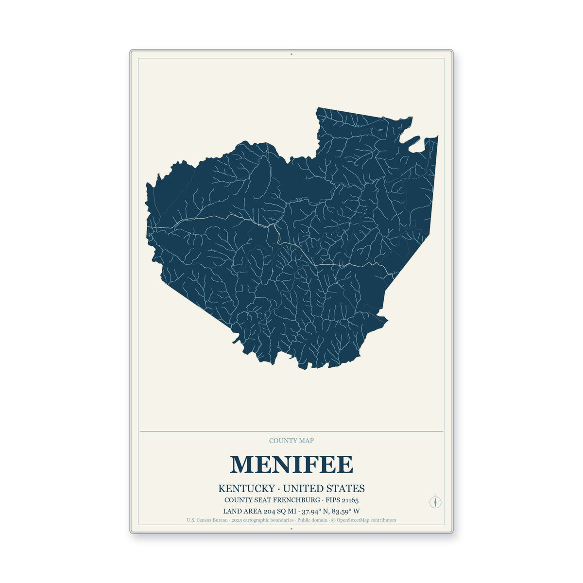 Menifee County, Kentucky Map Aluminum Sign in Coastal Cutout style