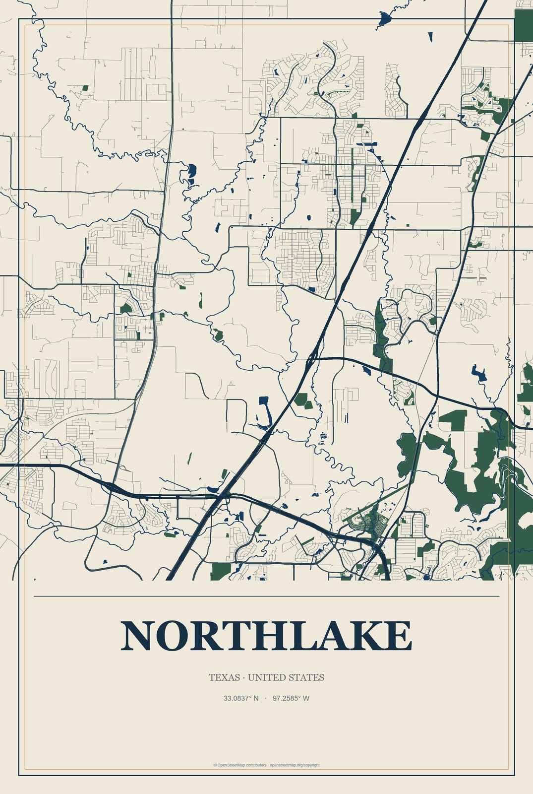 Northlake, Texas City Map Aluminum Sign in Coastal Cutout style
