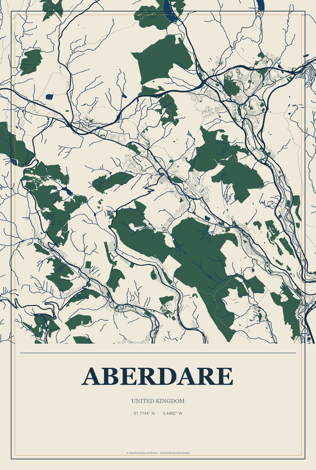 Aberdare, United Kingdom City Map Aluminum Sign in Coastal Cutout style
