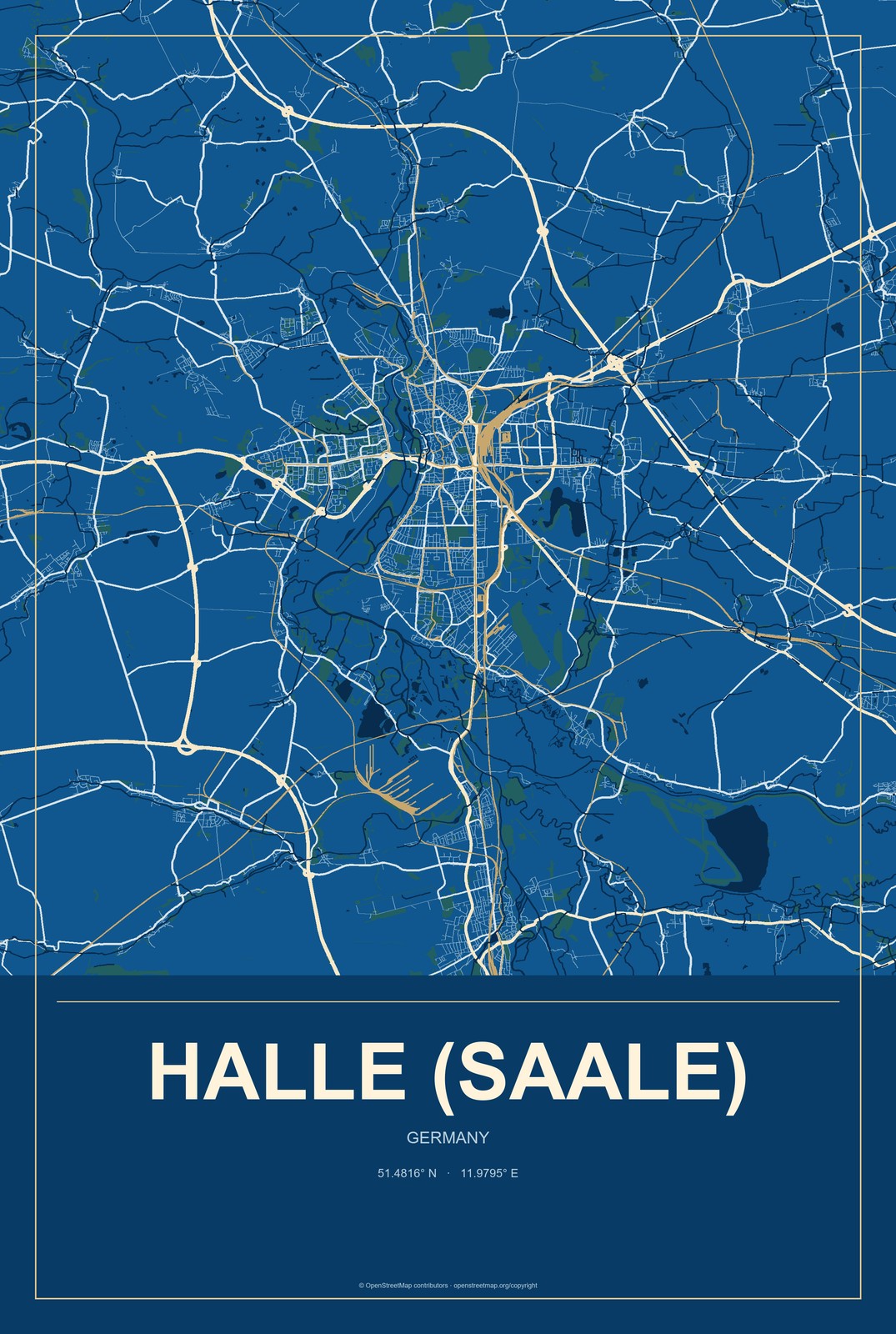 Halle (Saale), Germany City Map Aluminum Sign in Harbor Cobalt style