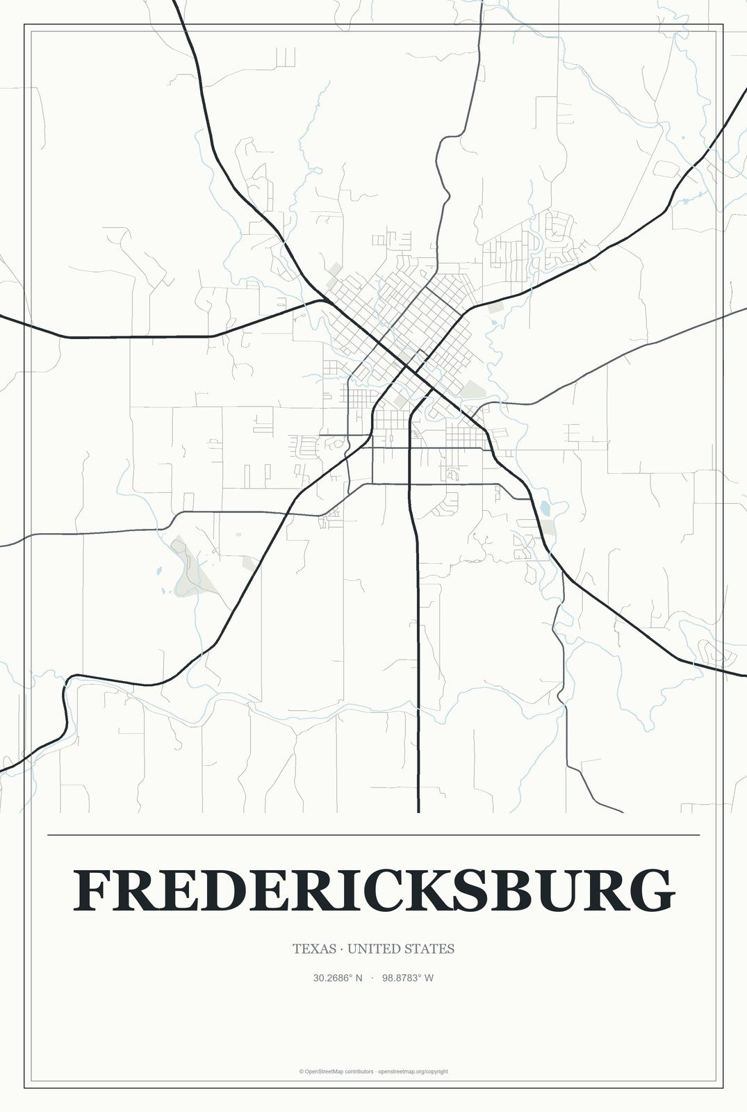 Fredericksburg, Texas City Map Aluminum Sign in Gallery Air style