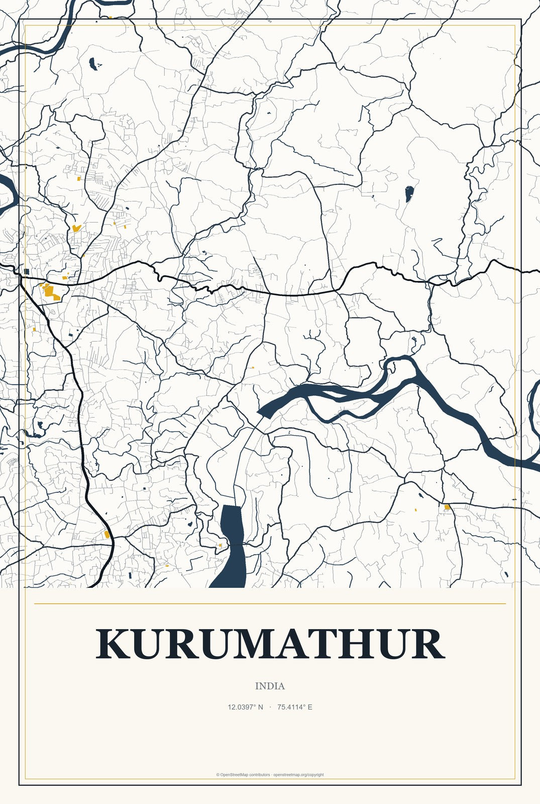 Kurumathur, India City Map Aluminum Sign in Citrine Modern style