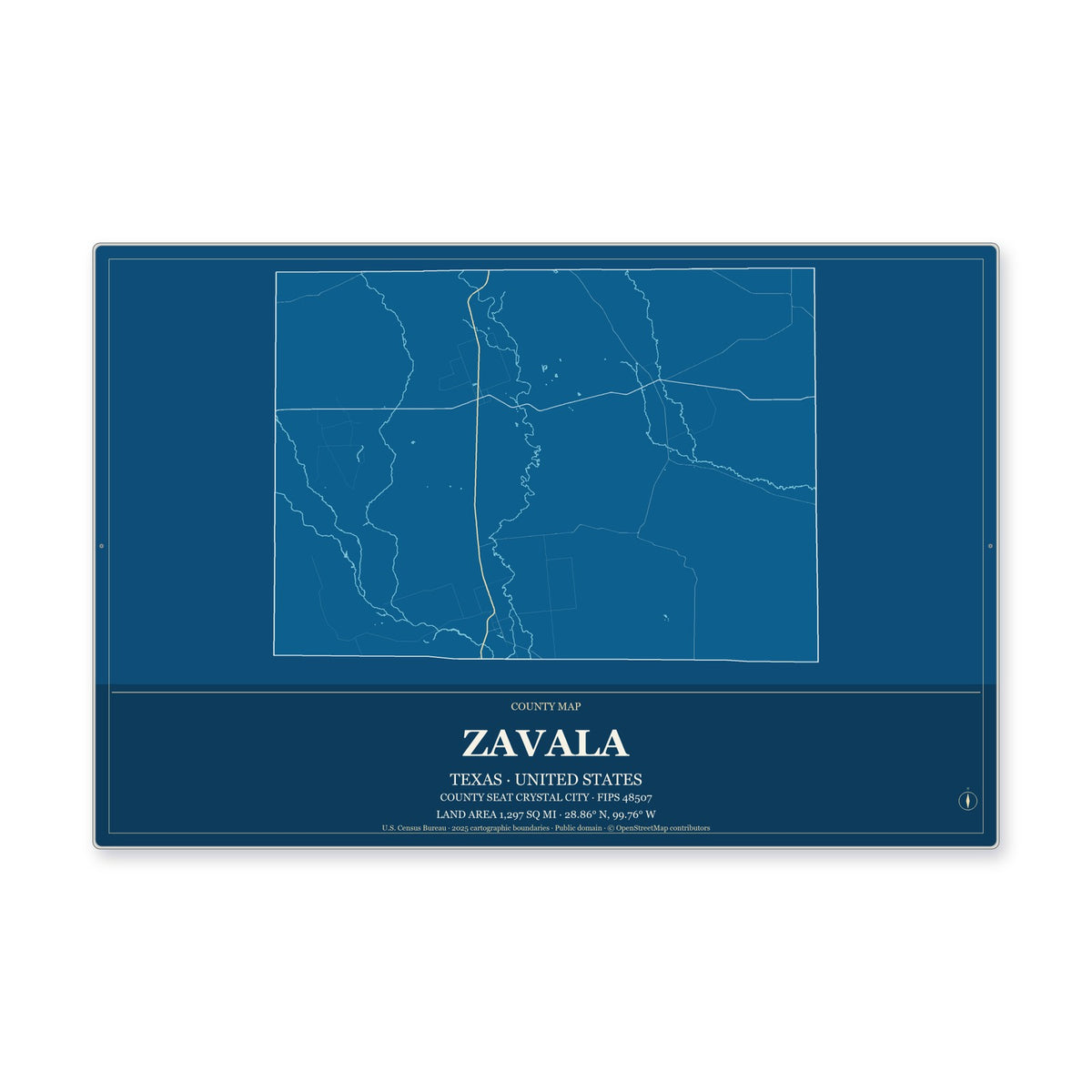 Zavala County, Texas Map Aluminum Sign in Harbor Cobalt style