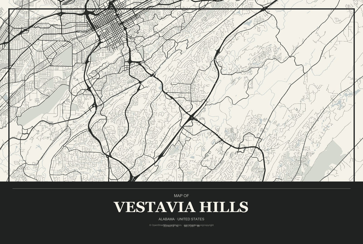 Vestavia Hills, Alabama City Map Aluminum Sign in Museum Plaque style