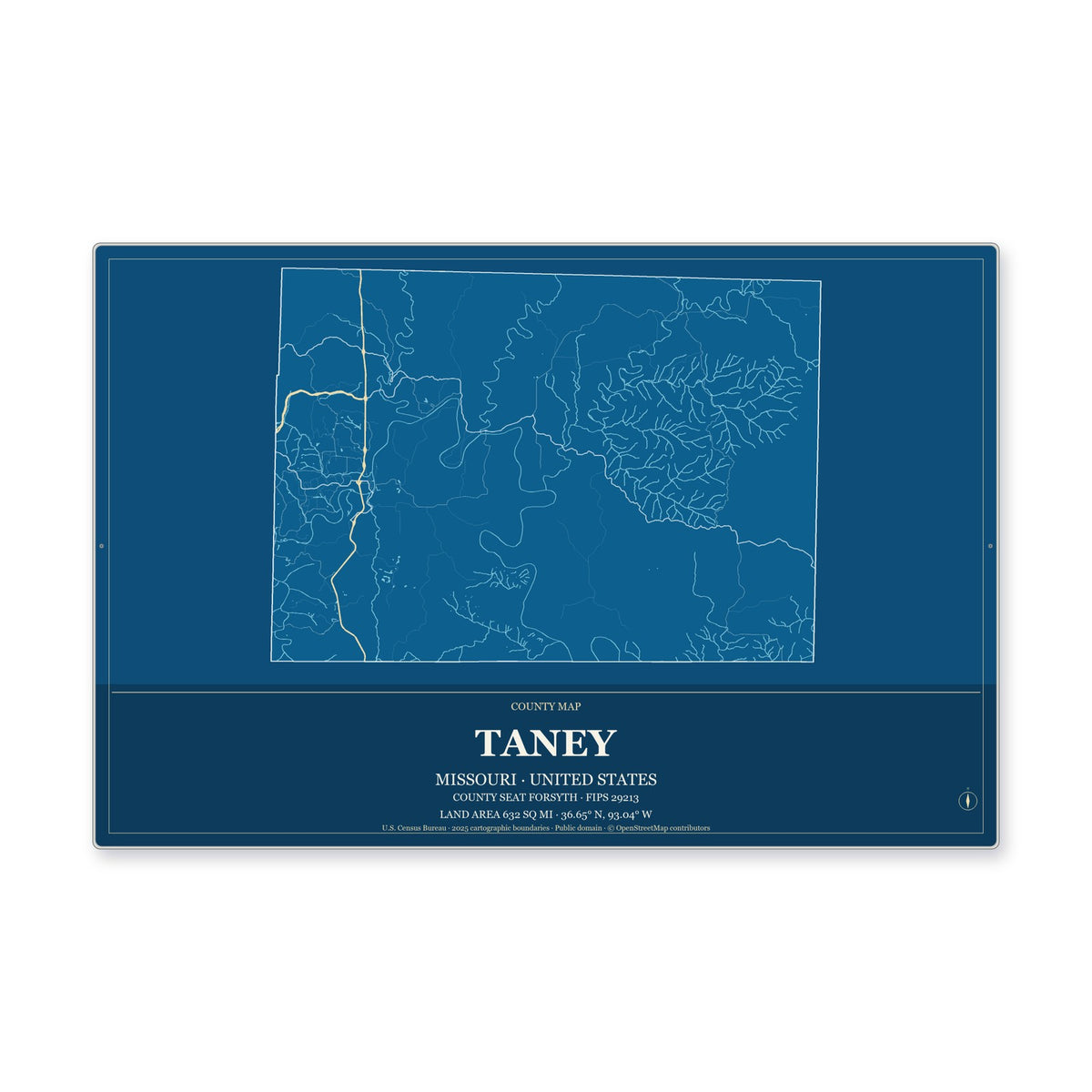Taney County, Missouri Map Aluminum Sign in Harbor Cobalt style