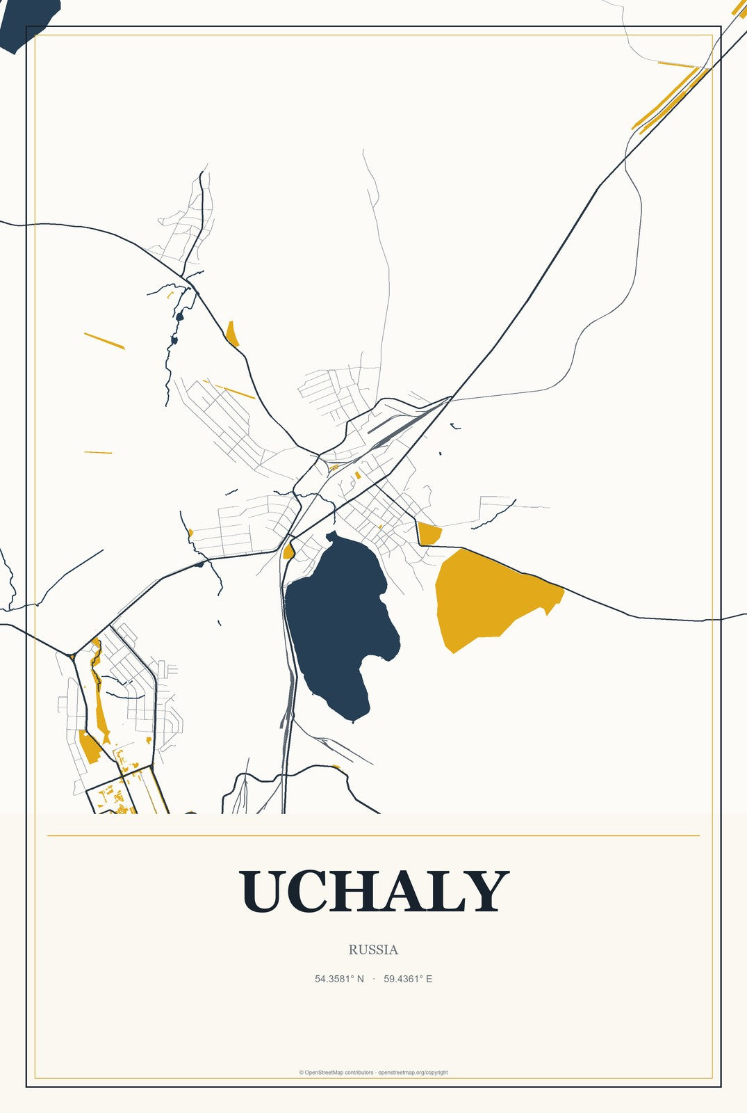 Uchaly, Russia City Map Aluminum Sign in Citrine Modern style