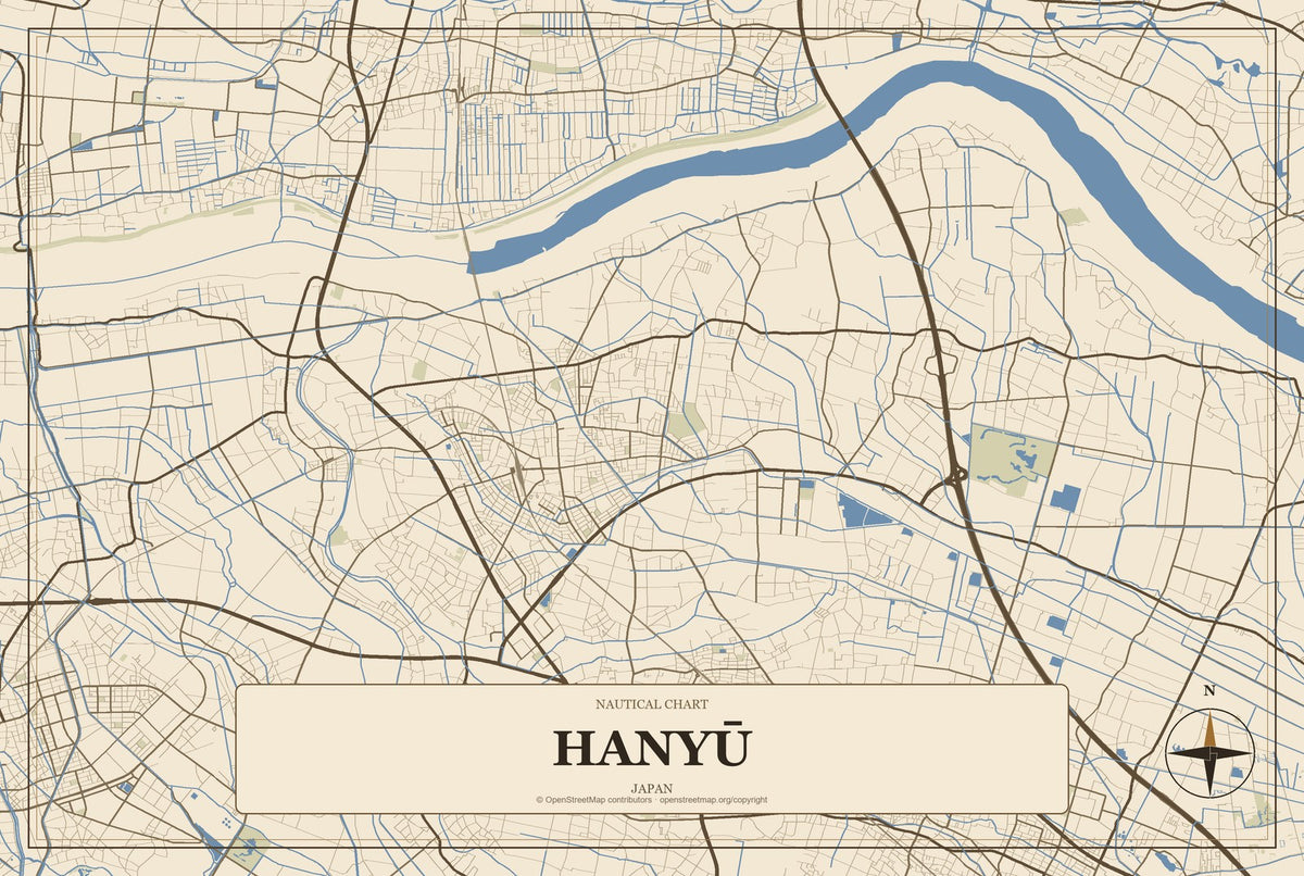 Hanyū, Japan City Map Aluminum Sign in Heritage Nautical style