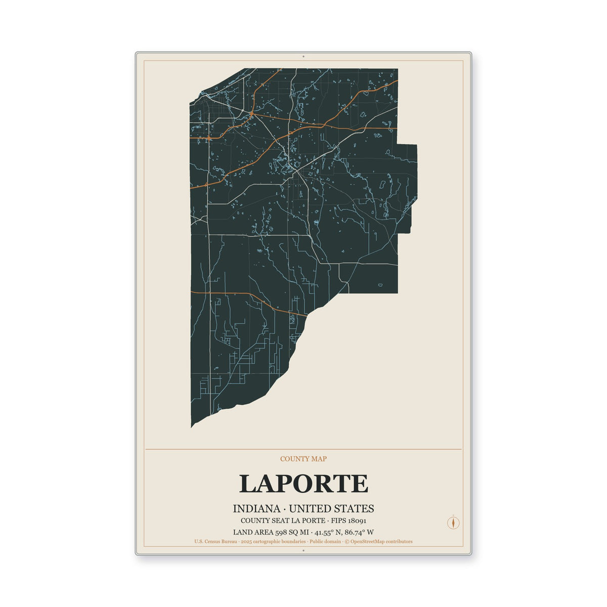 LaPorte County, Indiana Map Aluminum Sign in Headline Atlas style
