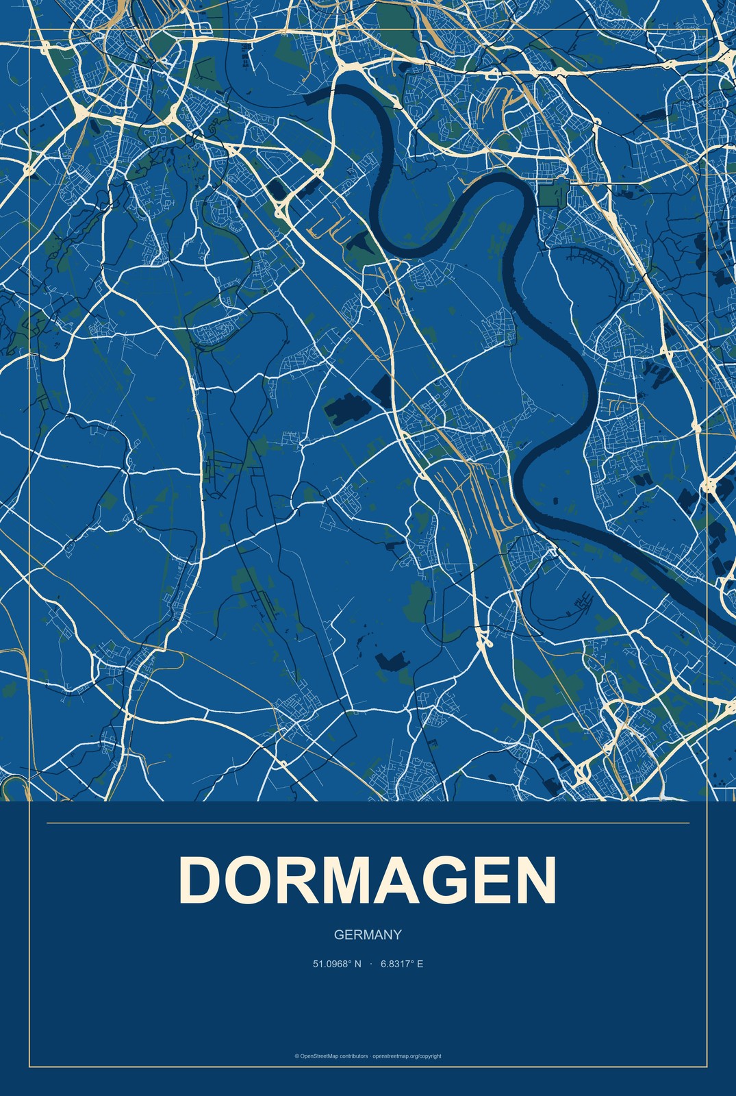 Dormagen, Germany City Map Aluminum Sign in Harbor Cobalt style