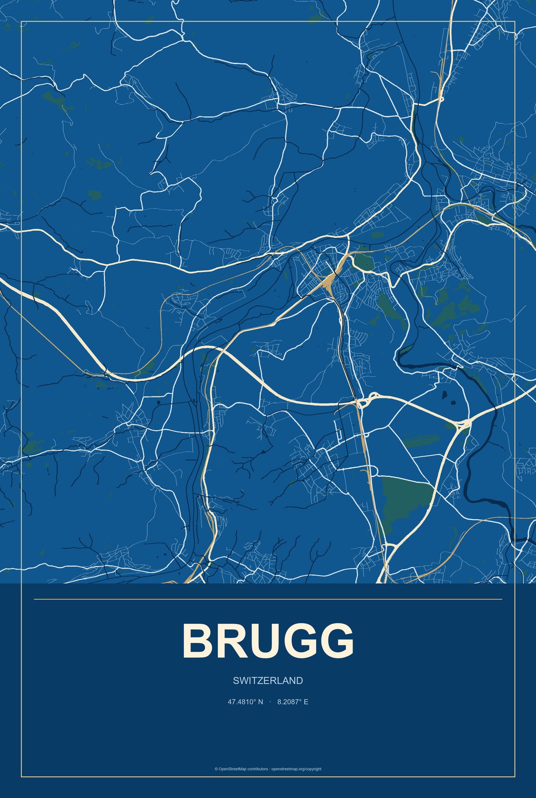 Brugg, Switzerland City Map Aluminum Sign in Harbor Cobalt style